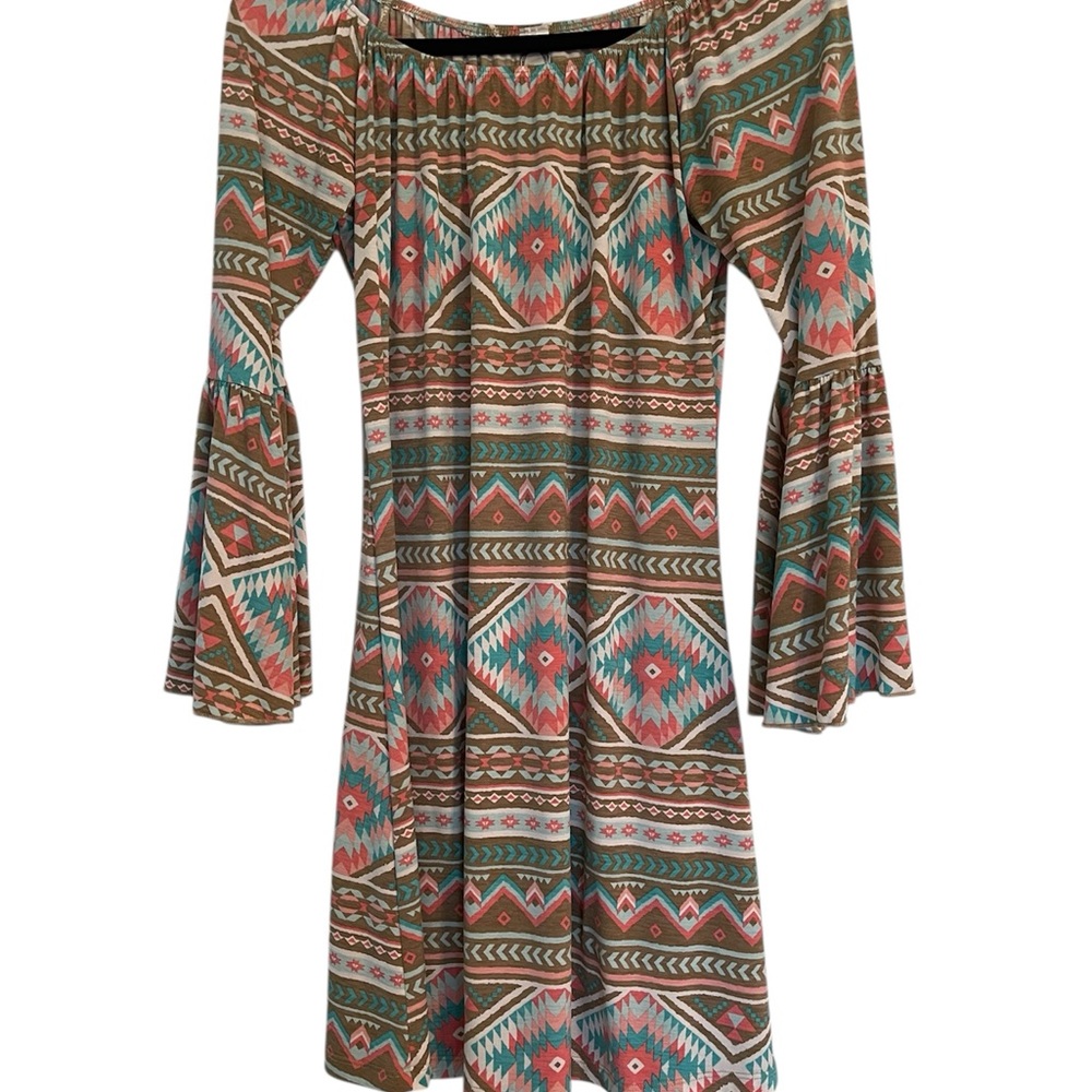 Honeyme Bohemian Aztec Patterned Bell Sleeve Dress Size Small Cabincore